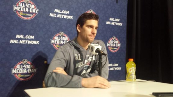 New York Islanders captain John Tavares speaking to the media at the 2015 NHL All-Star media day. (Credit: Andy Dudones/Staff)