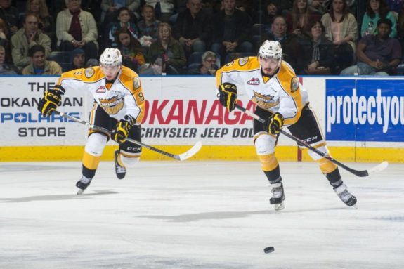 (Marissa Baecker/www.shootthebreeze.ca) Ivan Provorov, left, and Ryan Pilon of the Brandon Wheat Kings will stick together for the CHL Top Prospects Game, anchoring the blue-line for Team Orr.