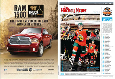 Here's a Dodge truck ad featured on the inside cover of The Hockey News