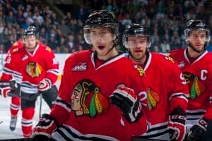(Marissa Baecker/www.shootthebreeze.ca) Oliver Bjorkstand of the Portland Winterhawks, front, seen here celebrating a goal during last year's Western Conference final against the Kelowna Rockets, had plenty more reasons to celebrate this season — 118 reasons to be precise, as the Danish star led the WHL in regular-season scoring.