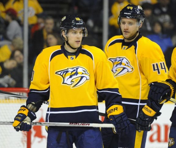 Mike Santorelli and Cody Franson (Christopher Hanewinckel-USA TODAY Sports)