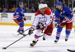 Alex Ovechkin winds up a shot against the New York Rangers (Adam Hunger-USA TODAY Sports)