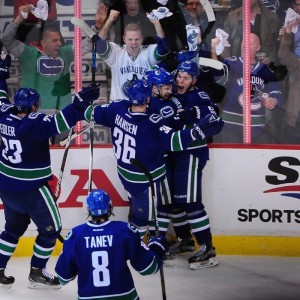 Horvat celebrates his first NHL playoff goal against the Calgary Flames on April 15, 2015. (Anne-Marie Sorvin-USA TODAY Sports)