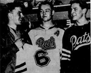 Jim Cardiff, left with Morris Mott, centre and Bill Lesuk, all picked up from Weyburn by Regina for the western junior semi-final.