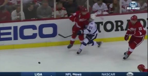 Kronwall is clearly airborne and hte principle point of contact is the head.
