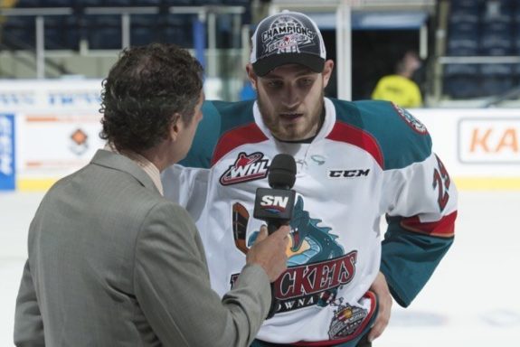 (Marissa Baecker/Shoot The Breeze) Kelowna Rockets forward Leon Draisaitl is interviewed by Sportsnet's Gene Principe after being named the WHL's playoff MVP.