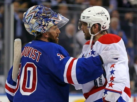 New York Rangers goalie Henrik Lundqvist (30) and Washington Capitals left wing Alex Ovechkin (8) shake hands after game seven of the second round of the 2015 Stanley Cup Playoffs at Madison Square Garden. The Rangers defeated the Capitals 2 - 1 in overtime. (Adam Hunger-USA TODAY Sports)