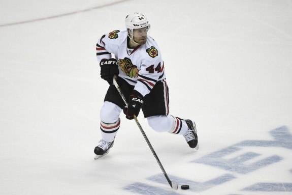 Despite having yet to record a single point in the playoffs with the Blackhawks, Kimmo Timonen is not solely responsible for Chicago's 3-2 series hole against Anaheim. (Richard Mackson-USA TODAY Sports)