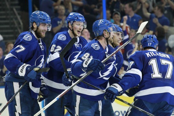 Tampa Bay Lightning center Alex Killorn (17) celebrates with his teammates after scoring a goal against the New York Rangers during the second period of game three of the Eastern Conference Final of the 2015 Stanley Cup Playoffs at Amalie Arena. (Kim Klement-USA TODAY Sports)