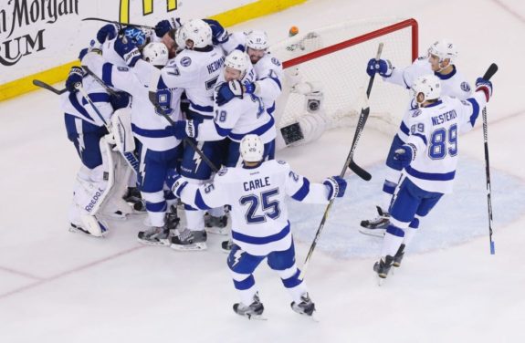 The Lightning celebrate their Game 7 victory against the Rangers