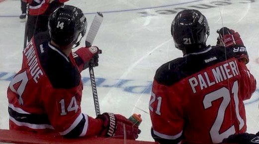 Adam Henrique & Kyle Palmieri chat before the New Jersey Devils scrimmage at Prudential Center (Dan Rice/THW)