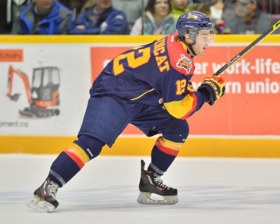 (CHL Images) Alex DeBrincat is small but he's proven capable of scoring with the best of them — at least among his peers in the OHL. Those gaudy numbers weren't enough to land him a roster spot on Team USA.