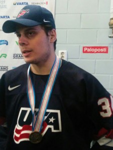 Team USA's Auston Matthews after winning a bronze medal at the 2016 World Junior Championship in Helsinki, Finland (J.DeLuca/THW).