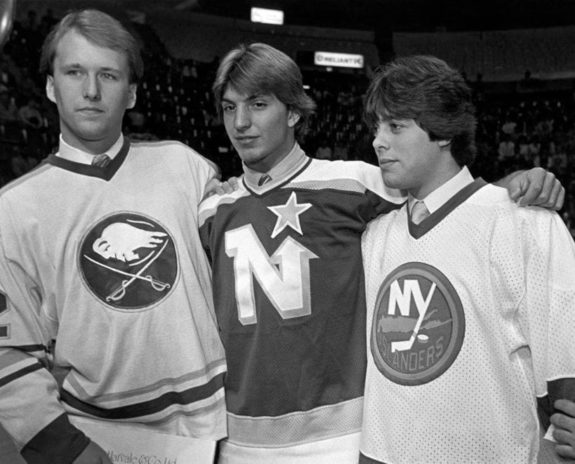 Brian Lawton of the Minnesota North Stars, Tom Barrasso of the Buffalo Sabres and third pick overall Pat LaFontaine