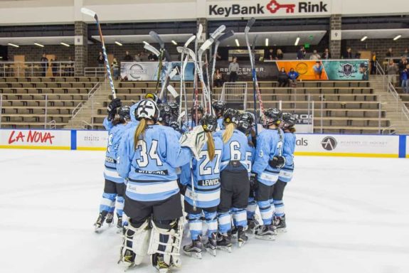 Buffalo Beauts end of game celebration together Oct. 9th, 2017