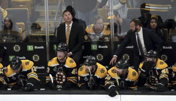 Boston Bruins head coach Bruce Cassidy and bench, Game 7, 2019 Stanley Cup Final