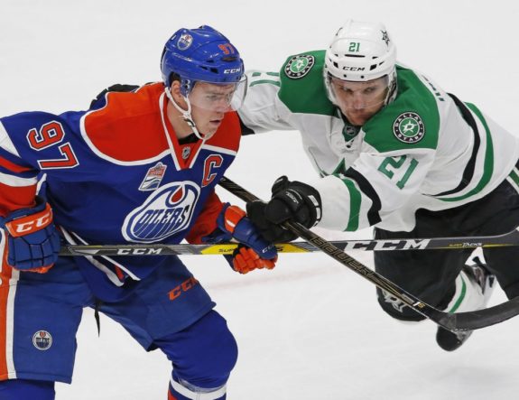 Connor McDavid (97) and Antoine Roussel (21) (Perry Nelson-USA TODAY Sports)