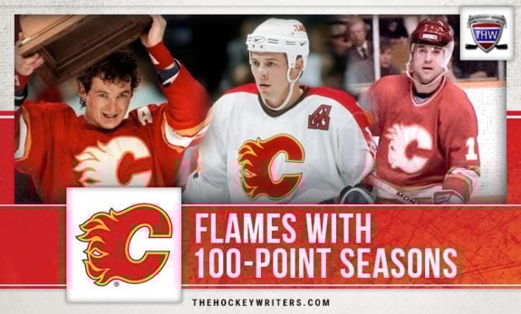 Calgary Flames 100-point season Theo Fleury, Kent Nilsson, and Al MacInnis