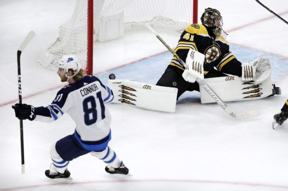 Winnipeg Jets Kyle Connor scoring on Boston Bruins Jaroslav Halak