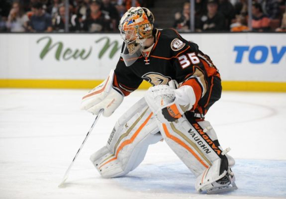 John Gibson may or may not be part of the future in Anaheim, yet he's found a spot ato(Gary A. Vasquez-USA TODAY Sports)