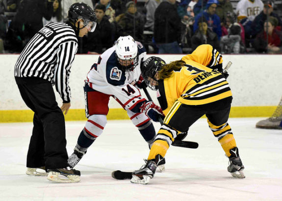 Madison Packer of the New York Riveters takes a face-off against Jillian Dempsey of the Boston Pride. (Photo Credit: Troy Parla)