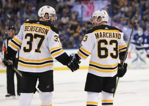 Bruins center Patrice Bergeron and left wing Brad Marchand