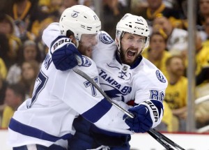 Nikita Kucherov, right, had four points in Tuesday's game. (Charles LeClaire-USA TODAY Sports)