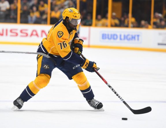 (THW photo) P.K. Subban has adjusted to life in Nashville and is starting to come on strong for the Predators. He's now up to 14 points, with five goals, through 21 games — tied for eighth among NHL defence scoring leaders. The man Subban was traded for, Shea Weber, is second on that list with eight goals and 18 points in 22 games for the Montreal Canadiens. Weber is also plus-18 to Subban's minus-9 right now. 