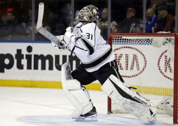 Reign goalie Peter Budaj found out in a hurry who the Lake Erie Monsters were. (Adam Hunger-USA TODAY Sports)