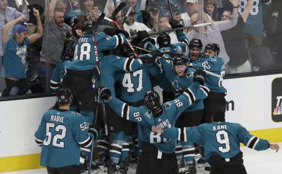 San Jose Sharks players celebrate after defeating the Vegas Golden Knights in Game 7