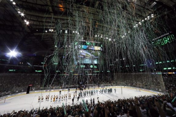 The Nashville Predators and Dallas Stars line up to shake hands