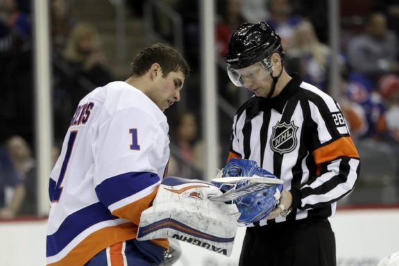 New York Islanders Thomas Greiss referee Chris Lee