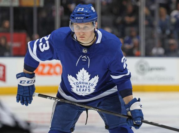 Travis Dermott #23 of the Toronto Maple Leafs