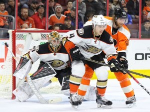 Any goalie would do bettter with Anaheim's defense in front of him. (Amy Irvin / The Hockey Writers) 