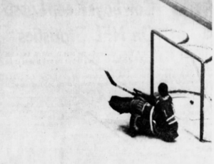Rangers goalie looks back in dismay after he was beaten by Pierre Pilote's shot in the 1st period of last night's game.