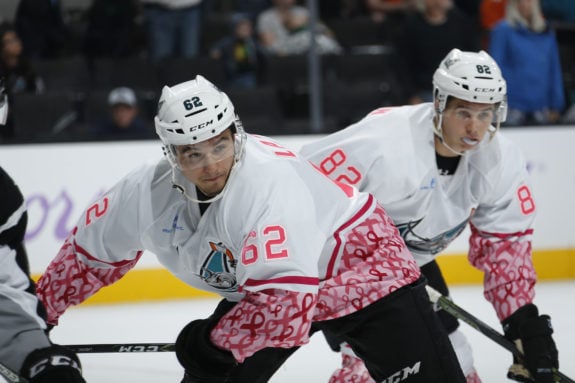 San Jose Barracuda forwards Kevin Labanc and Nikolay Goldobin (Scott Dinn/San Jose Barracuda)
