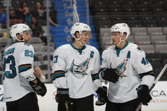 San Jose Barracuda forwards Barclay Goodrow, John McCarthy, John Carpenter (Scott Dinn/San Jose Barracuda))