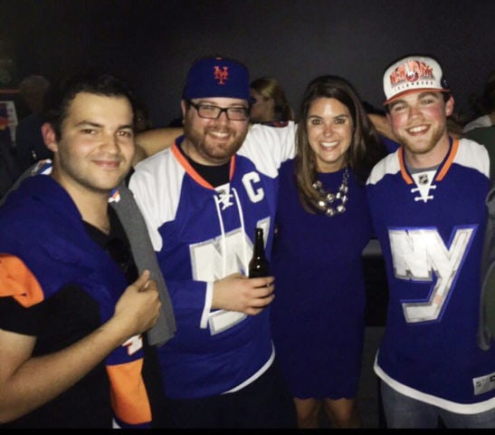 James Duffy (far right) with Shannon Hogan (Islanders TV host and reporter), and friends. James Stumper (of Isles Nation) and Jesse Dakss.