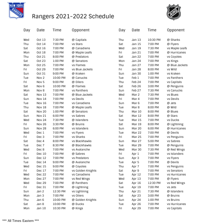 New York Rangers 202122 Season Schedule