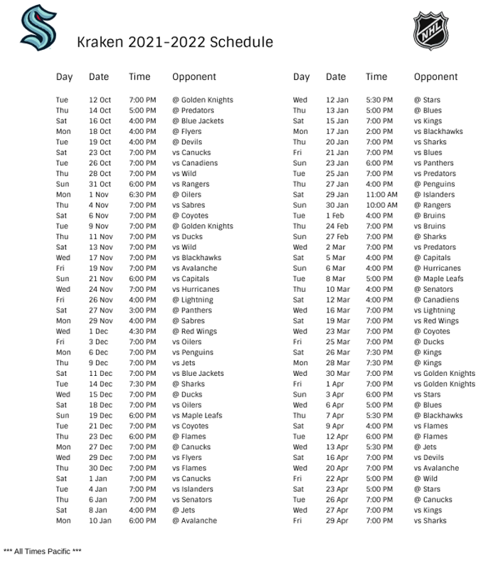 Seattle Kraken 2021-22 Season Schedule