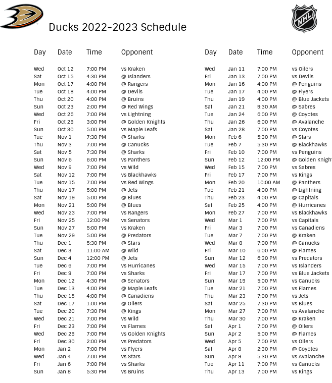 Anaheim Ducks 2022-23 Season Schedule