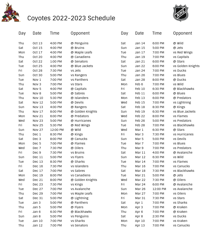 Arizona Coyotes 2022-23 Season Schedule