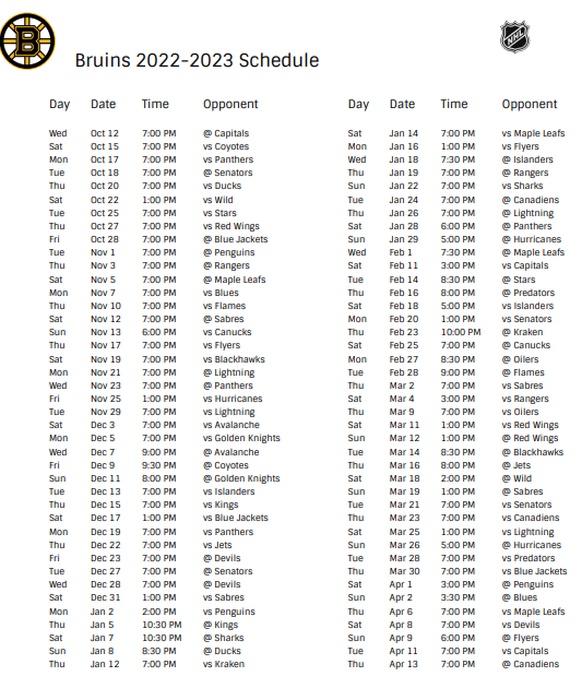 Boston Bruins 2022-23 Schedule