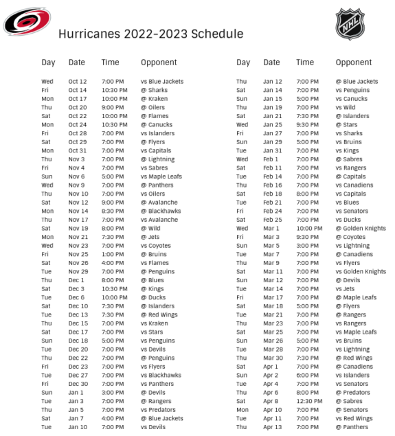 Carolina Hurricanes 2022-23 Season Schedule