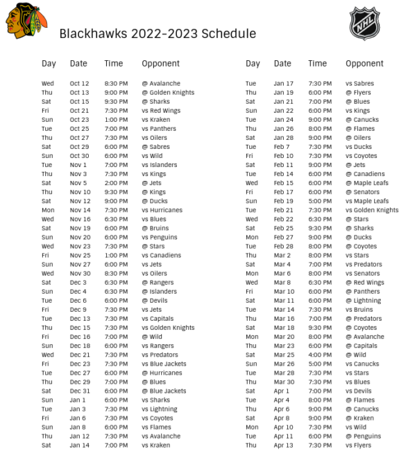 Chicago Blackhawks 202223 Season Schedule