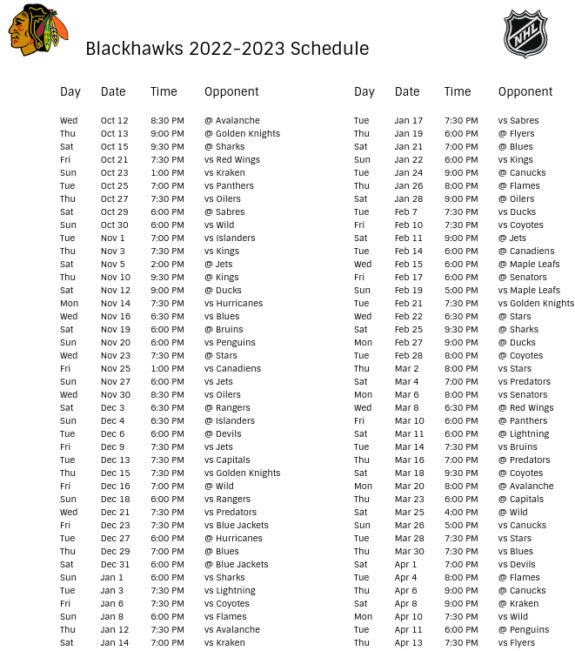 Chicago Blackhawks Printable Schedule 2022 23 Printable Word Searches