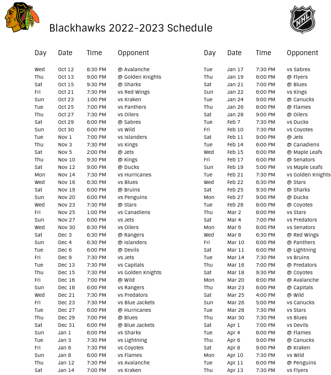 Chicago Blackhawks 2022-23 Season Schedule