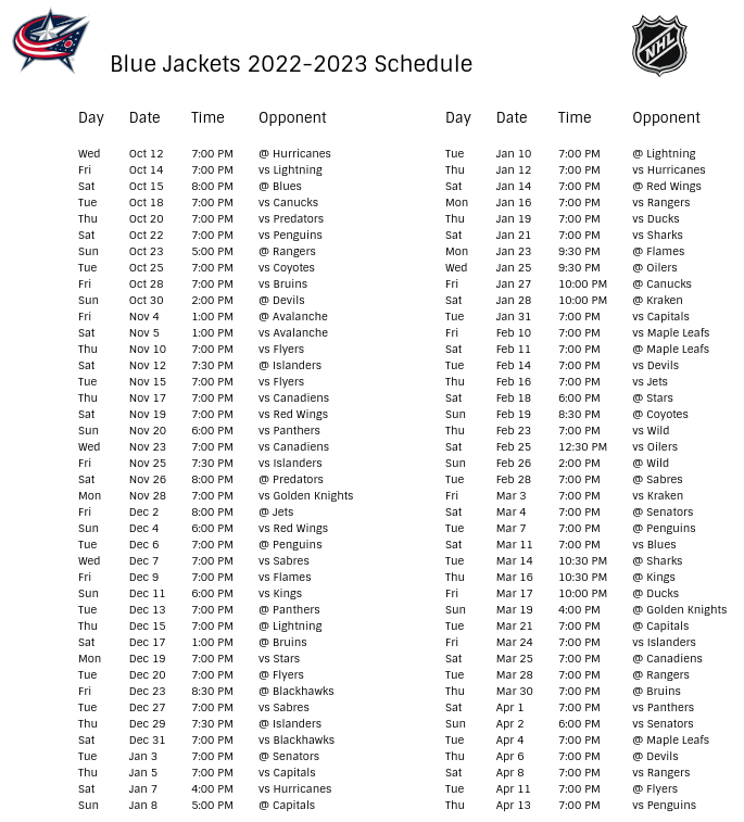 Columbus Blue Jackets 2022-23 Season Schedule