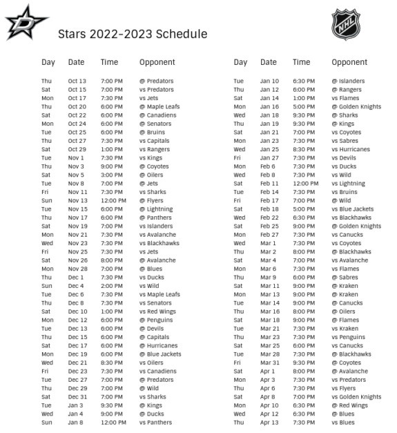 Dallas Stars 202223 Season Schedule