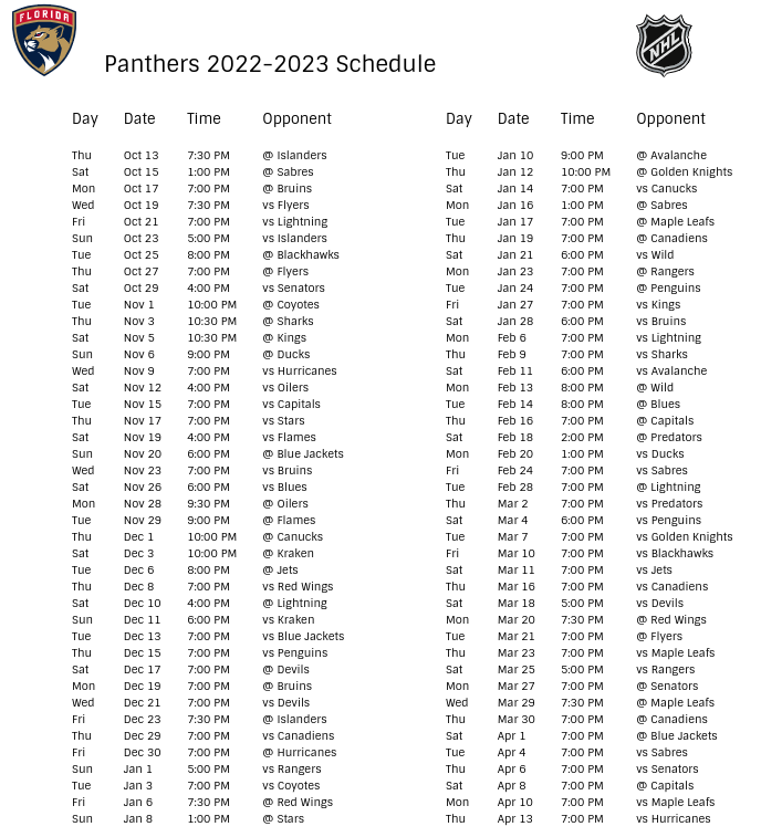 Florida Panthers 2022-23 Season Schedule